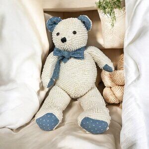 Vintage Handmade Chenille Teddy Bear With Blue Accents & Bow‎ Rescue Stuffy